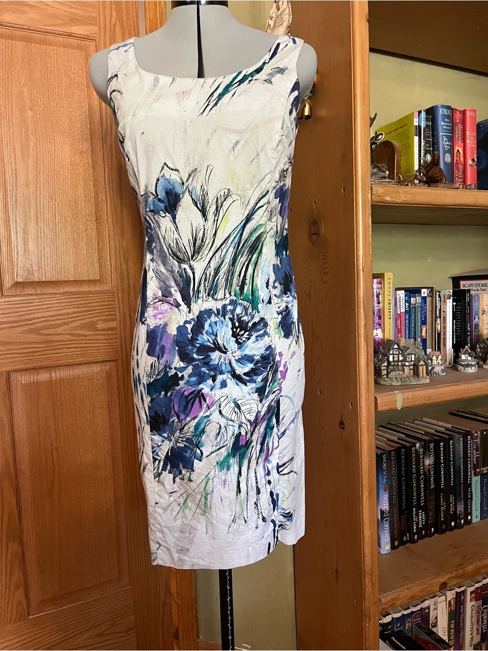 White Floral Sheath Dress with Blue & Purple Accents